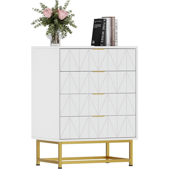 4-Drawer Modern Storage Cabinet, Compact Dresser Organizer for Living Room, Bedroom, and Hallway, Metal Legs, Space-Saving Design,White