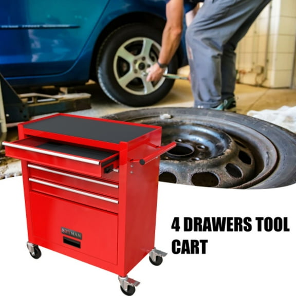 4 Drawer Multifunctional Tool Cart With Wheels Sleek Black Or Red Design Heavy Duty Storage For Workshops Garages And DIY Projects