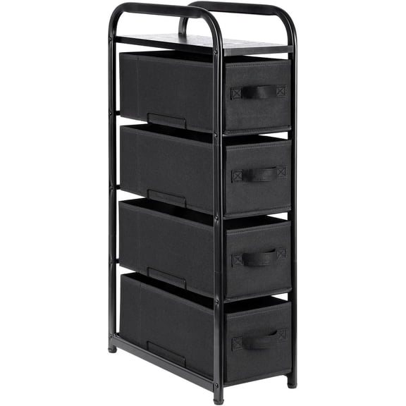 4 Drawer Narrow Dresser Fabric Storage Tower Vertical Slim Storage Chest Organizer Nightstand Side/End Table Small Standing Organizer Removable Drawers for , Bathroom(Black)