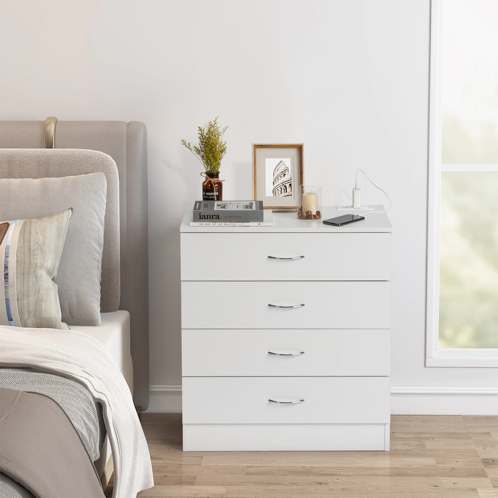 4-Drawer Nightstand Dresser with USB Ports & Outlet, White