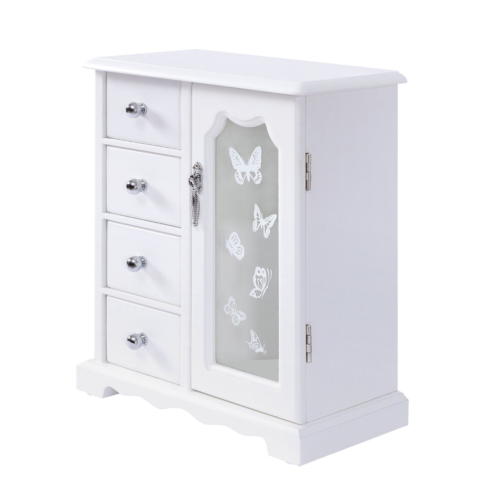 4 Drawer Organizer Wooden Jewelry Box, White MDF and Glass, Velvet ...