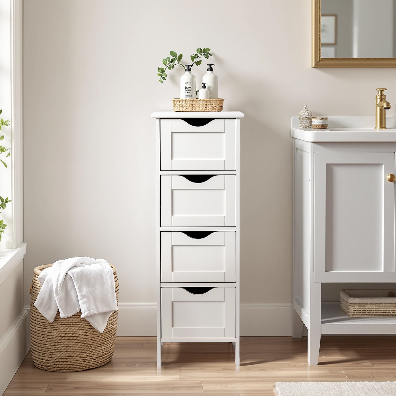 4-Drawer Painted MDF Bathroom Cabinet, White 11.82*11.82*32.29in