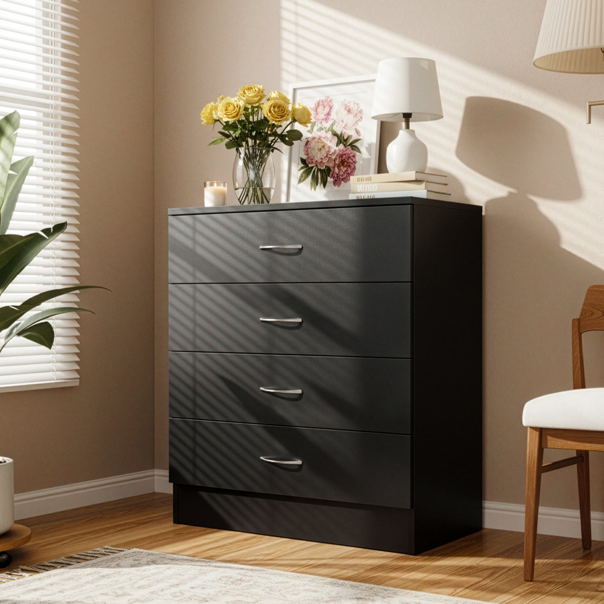 4-Drawer Particleboard Drawer Cabinet with Textured Melamine Finish, 25.98*12.99*28.74in, Black