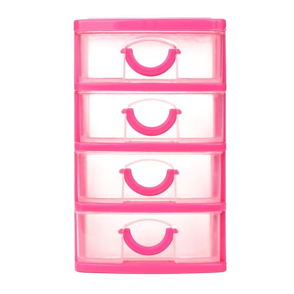 4 Drawer Plastic Storage, Clear Plastic Storage Containers, Stackable Plastic Storage Bins, Pink Frame, Pull Out Compartment, Desktop Access, 12X6 In, Pink, 1 Pc
