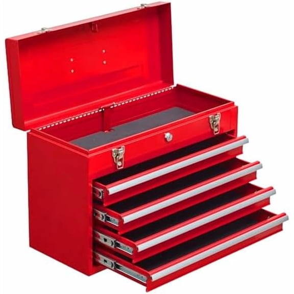 4-Drawer Portable Metal Tool Box with Lock, Steel Tool Chest with Ball Bearing Slides & EVA Liners, Heavy Duty Tool Organizer for Garage, Warehouse, Workshop, Red$$Tools