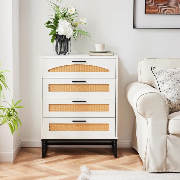 4-Drawer Rattan Dresser - Boho Bedroom Storage with Metal Handles, White Wooden Chest for Closet or Entryway