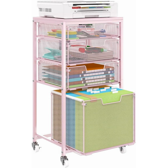 4 Drawer Rolling File Cart Under Desk Storage, File Cabinets for Home Office, Mobile Filing Cabinet, Hanging File Organizer with Wheels, Utility Cart Printer Stand, Pink (Patent Pending)