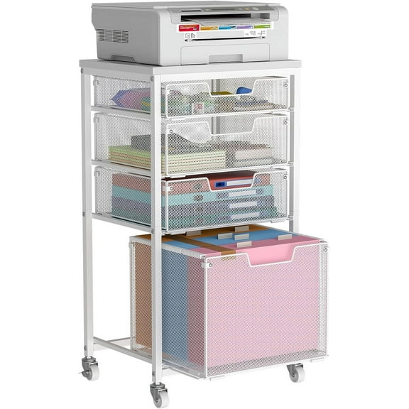 4 Drawer Rolling File Cart with Wheels, Mobile Filing Cabinet for Home Office, Hanging File Organizer, Under Desk Storage, Multifunctional Utility Cart Printer Stand, White