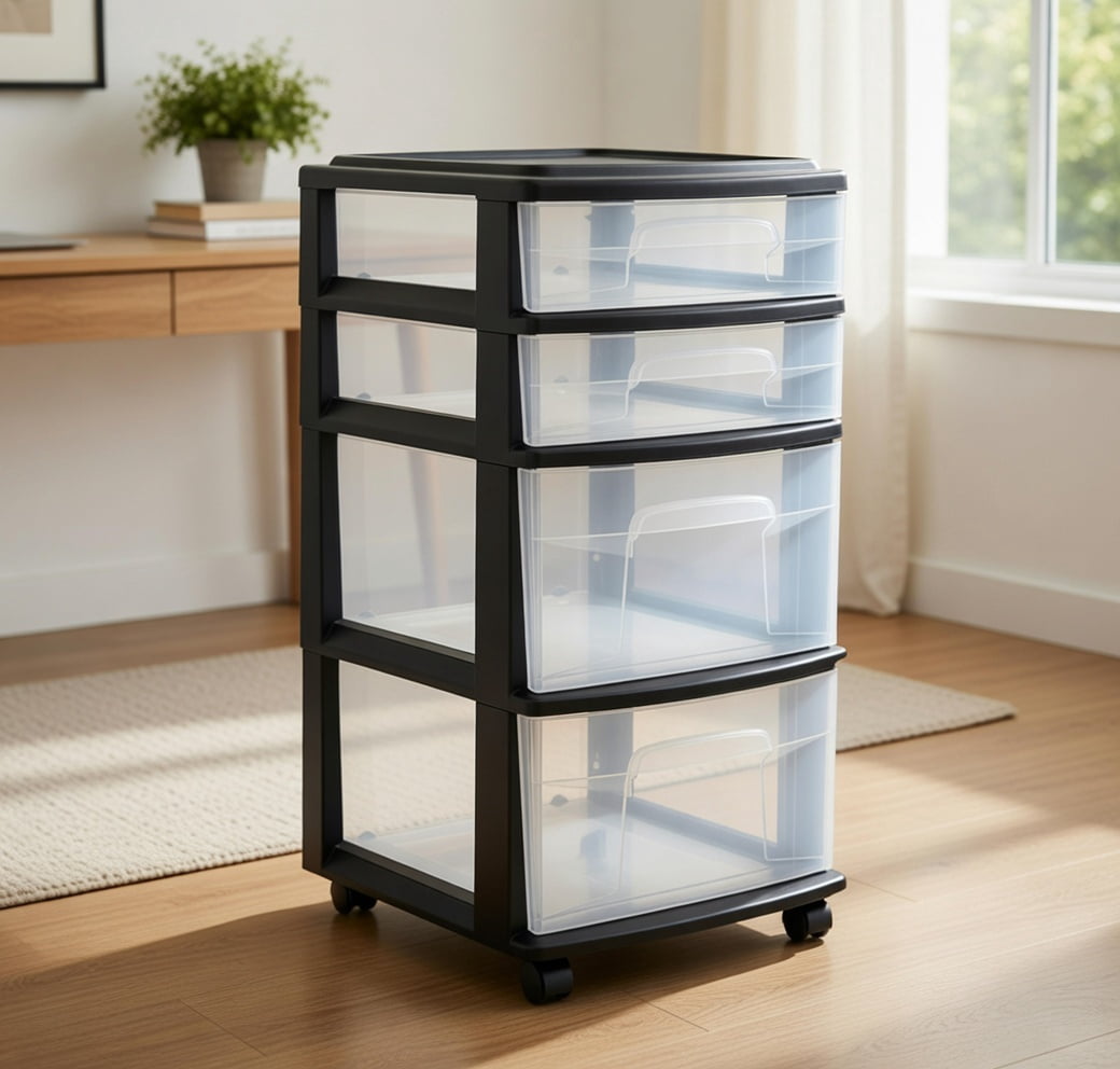 4-Drawer Rolling Plastic Storage Cart with Wheels, Black Frame and ...