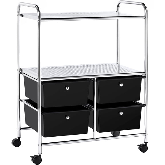4-Drawer Rolling Storage Cart with 2 Shelves, Plastic Mobile Trolley on Wheels for Office, Home, , Beauty Salon, Black