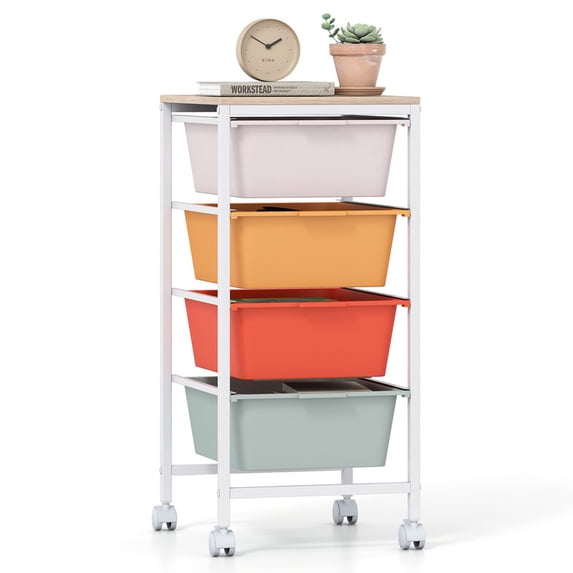 4-Drawer Rolling Storage Cart with Wooden Tabletop and Lockable Wheels, Mobile Utility Organizer for Art & Craft Office School Storage,Macaron