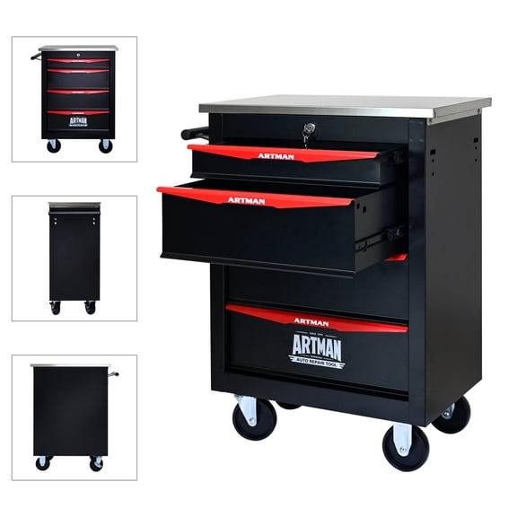 4-Drawer Rolling Tool Chest, Metal Lockable Tool Cabinet with Wheels, Multifunctional Rolling Tool Box Storage Tool Cart for Father's Garage Workshop