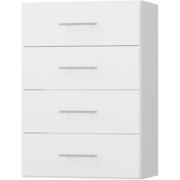 4 Drawer Short Tower, Modular Wood Closet System Organizer with Storage, Clothing Rack for Hanging Clothes, White, 25.5"W