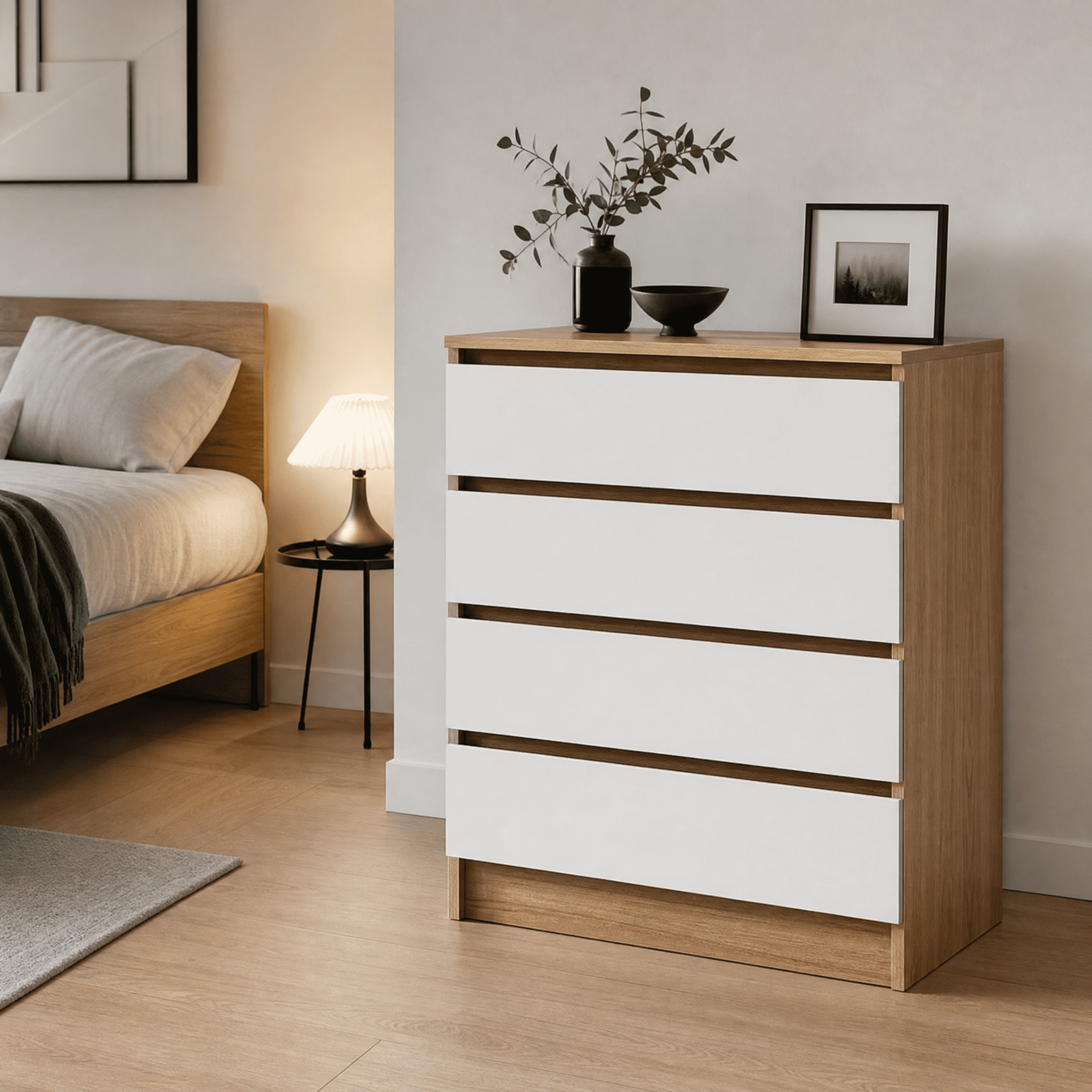 4-Drawer Storage Cabinet Color-Block Drawer Dresser 23.62*14.96*30.71in Wood-Tone Cabinet Body + White Drawer Fronts