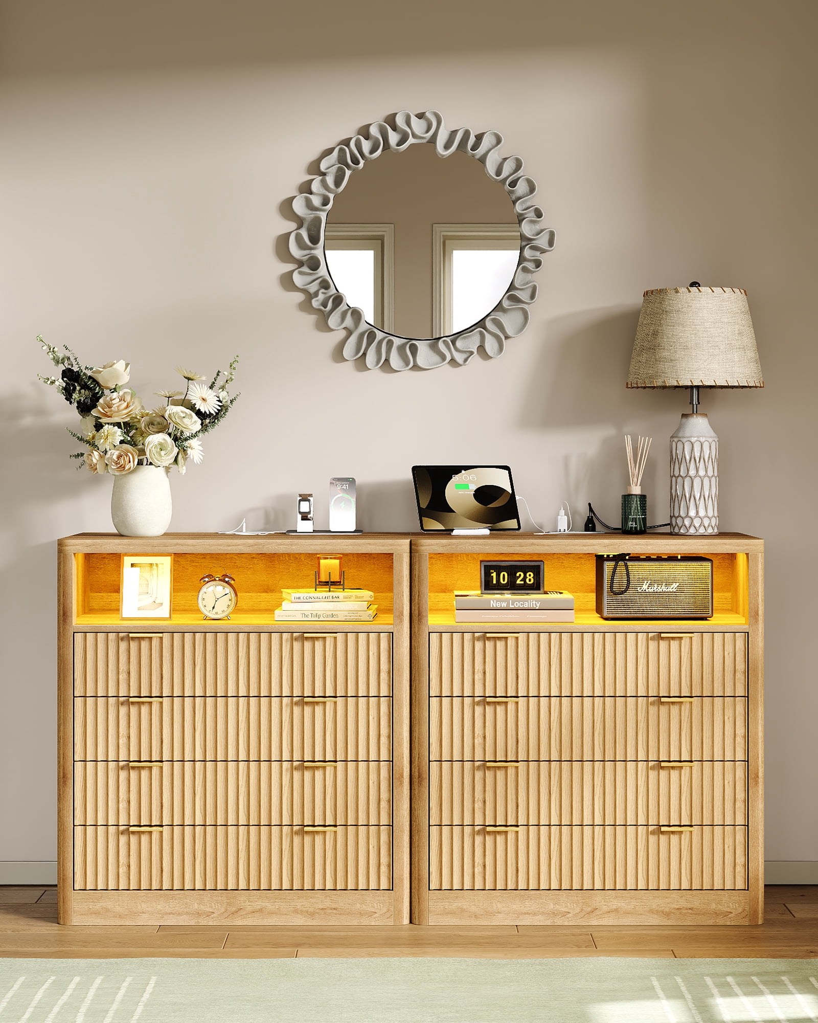 4 Drawer Storage Dresser with LED Lights & USB Charging Station Modern ...