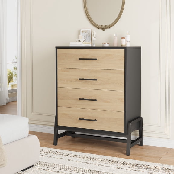 4 Drawer Tall Dresser,Vertical Chest for Bedroom, Entryway or Living Room – Freestanding Wooden Storage Cabinet – Deep Drawers – Sturdy Metal Legs