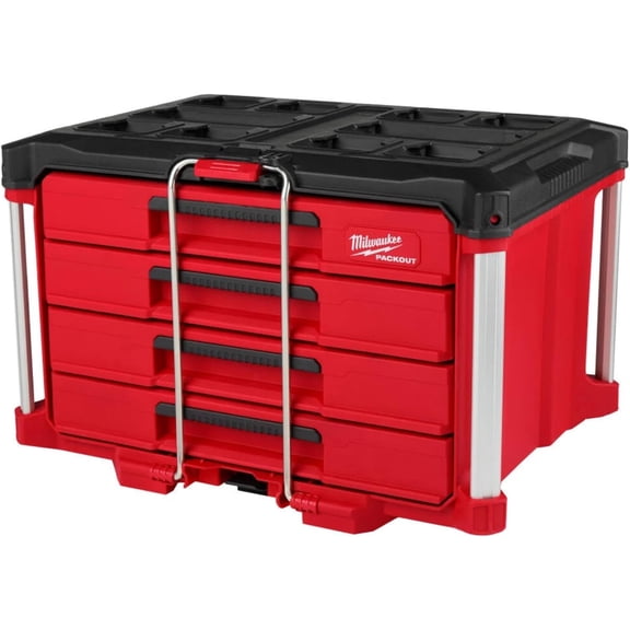 4 Drawer Tool Organizer Box - Packout Rolling Tool Chest with Heavy Duty Ball Bearing Slides, Lockable Folding Handle, and Durable Construction