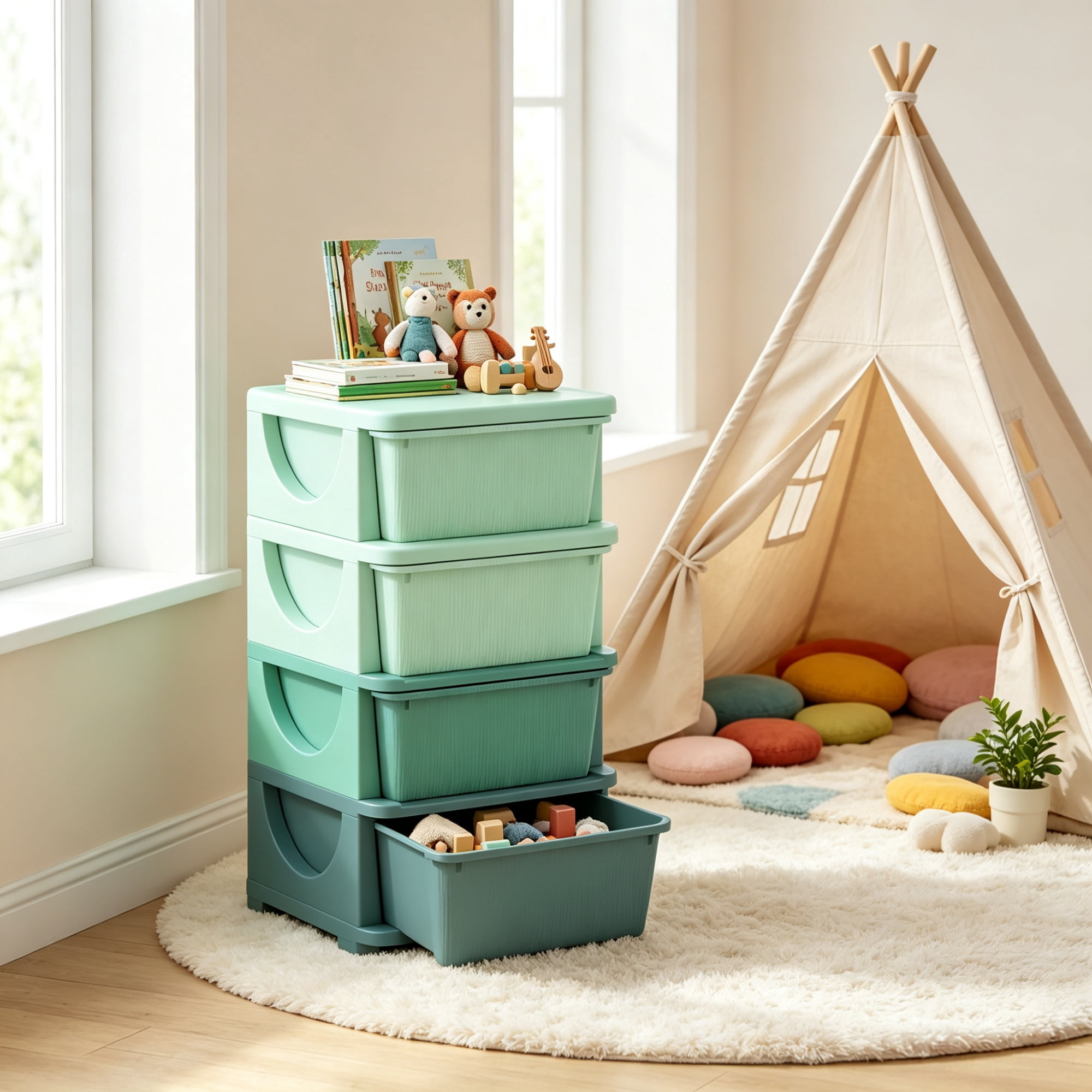4-Drawer Toy Storage Cubby with 16L Capacity for Kids Bedroom
