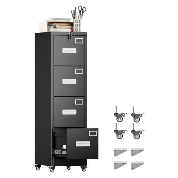 4 Drawer Vertical File Cabinet, Lockable Mobile Storage with Wheels, for Office & Home Use, Assembly Required, Black