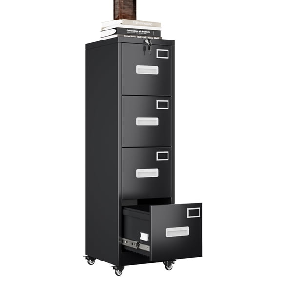 4 Drawer Vertical File Cabinet on Wheels, Lockable Office Storage with Handle & Name Card Slots, Mobile Cabinet for Office & Home, Black