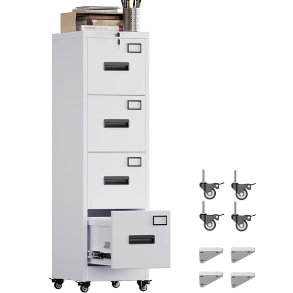 4 Drawer Vertical File Cabinet on Wheels, Lockable Office Storage with Handle & Name Card Slots, Mobile Cabinet for Office & Home, White