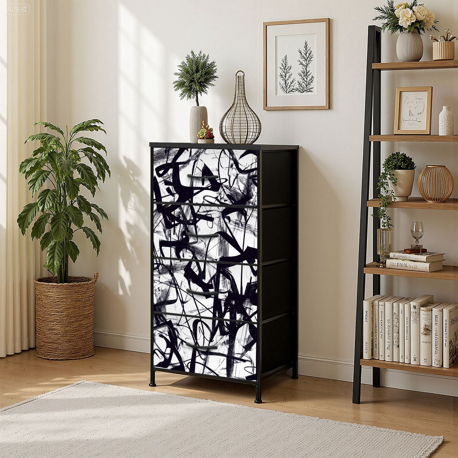 4 Drawer Vertical Storage Dresser Abstract Black Scribble Chaos Hand ...