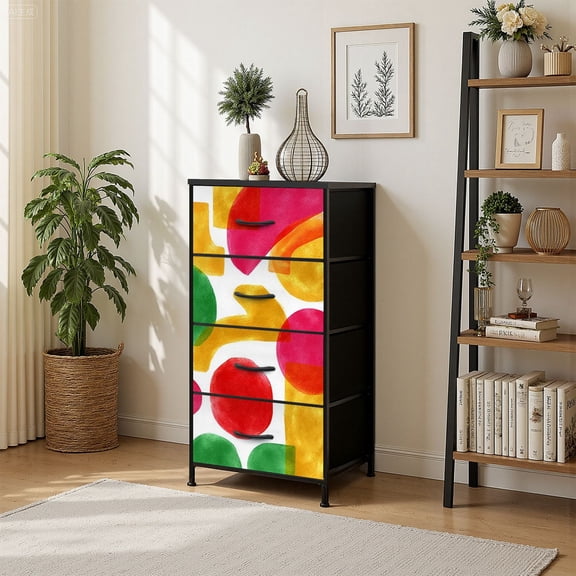 4 Drawer Vertical Storage Dresser Abstract Geometric Geometric forms hand painted with Wood Top Fabric Pull Drawers