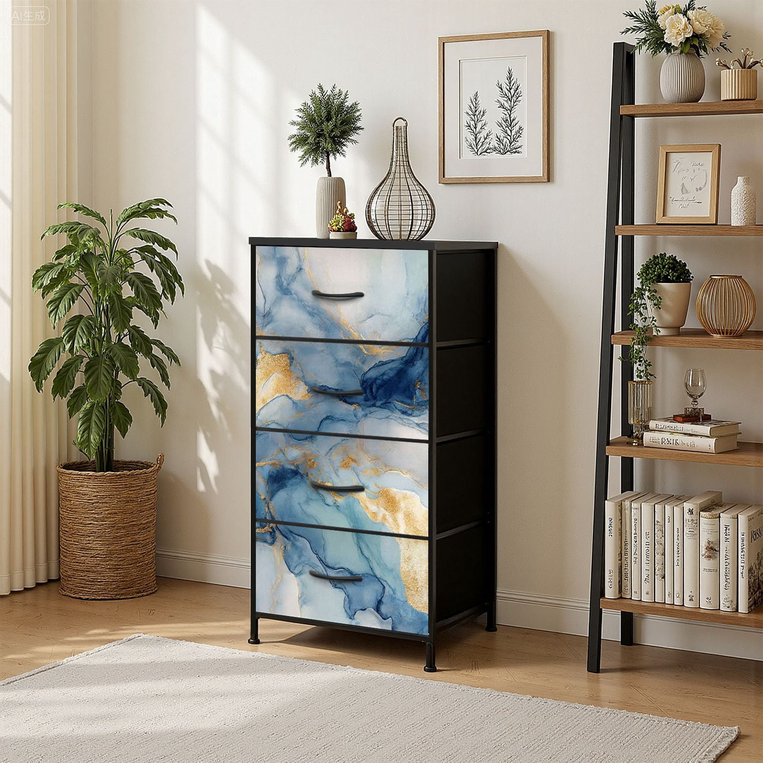 4 Drawer Vertical Storage Dresser Abstract blue liquid watercolor golden dust Cyan marble alcohol ink with Wood Top Fabric Pull Drawers