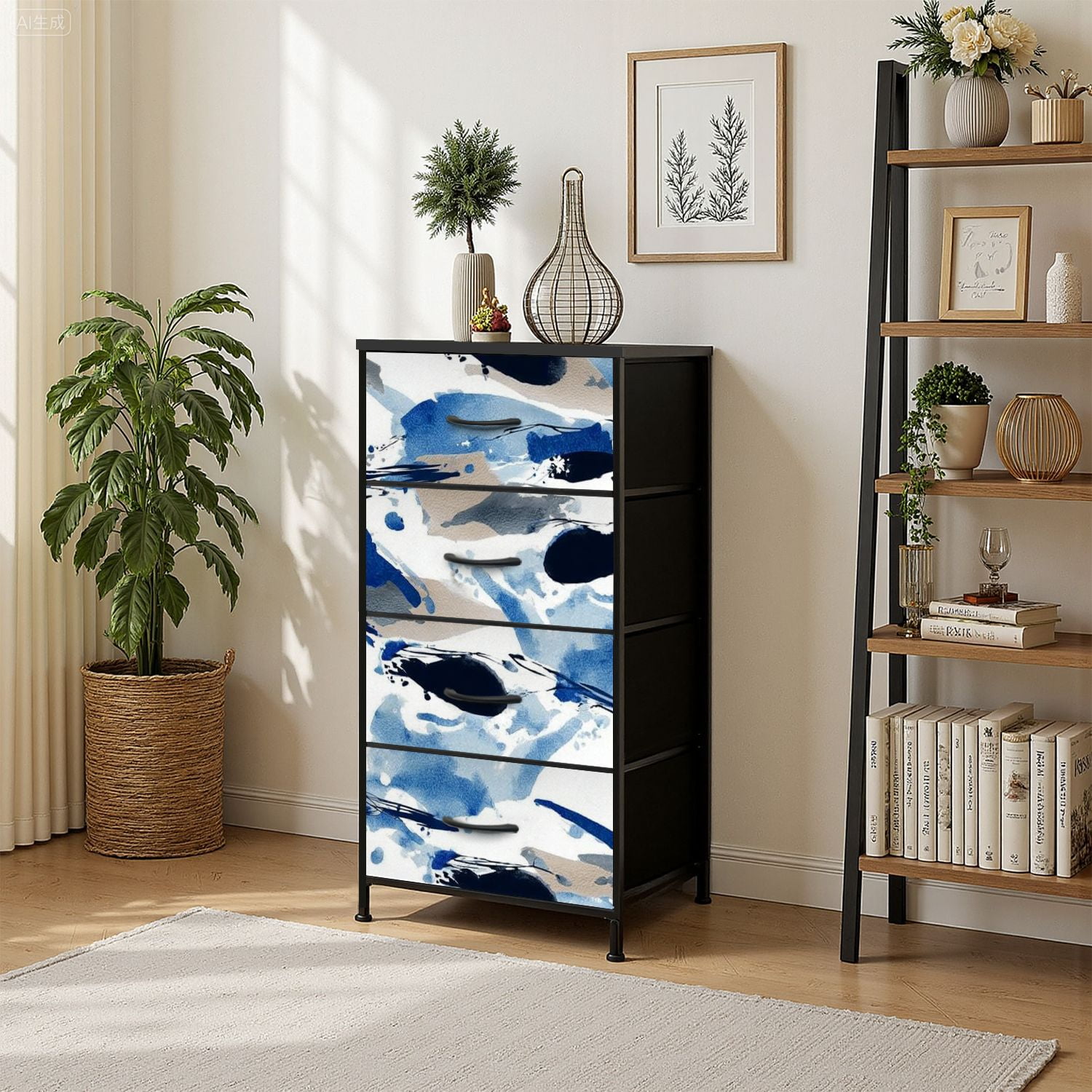 4 Drawer Vertical Storage Dresser Abstract brush strokes watercolor patterns banners posters fabric with Wood Top Fabric Pull Drawers