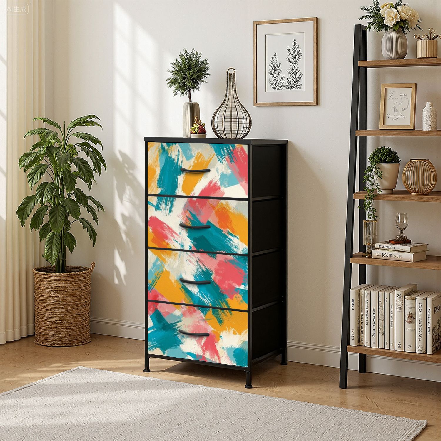 Multi Pattern Drawers 4 Drawer Vertical Storage Dresser Abstract brush strokes watercolor ...