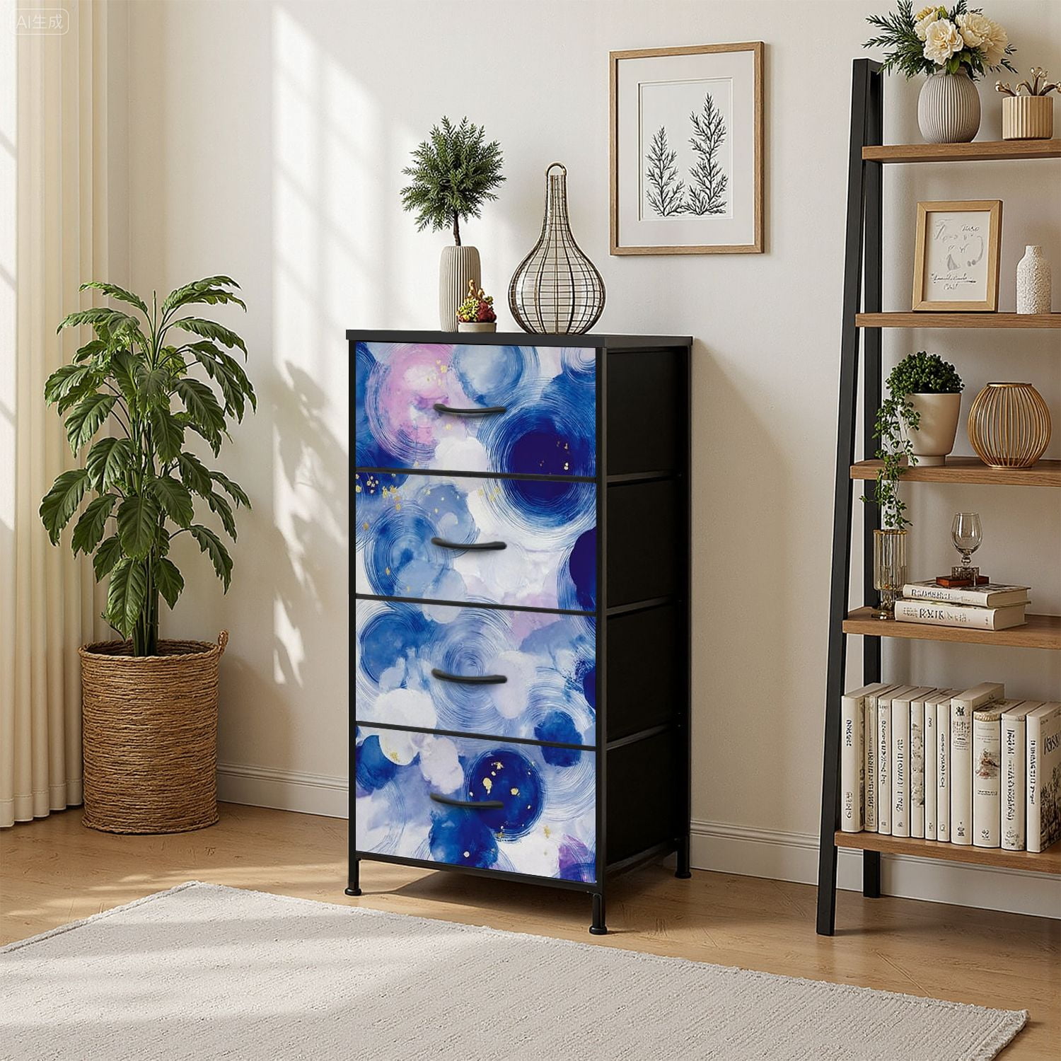 4 Drawer Vertical Storage Dresser Abstract circles watercolor multicolor Circle hand with Wood Top Fabric Pull Drawers