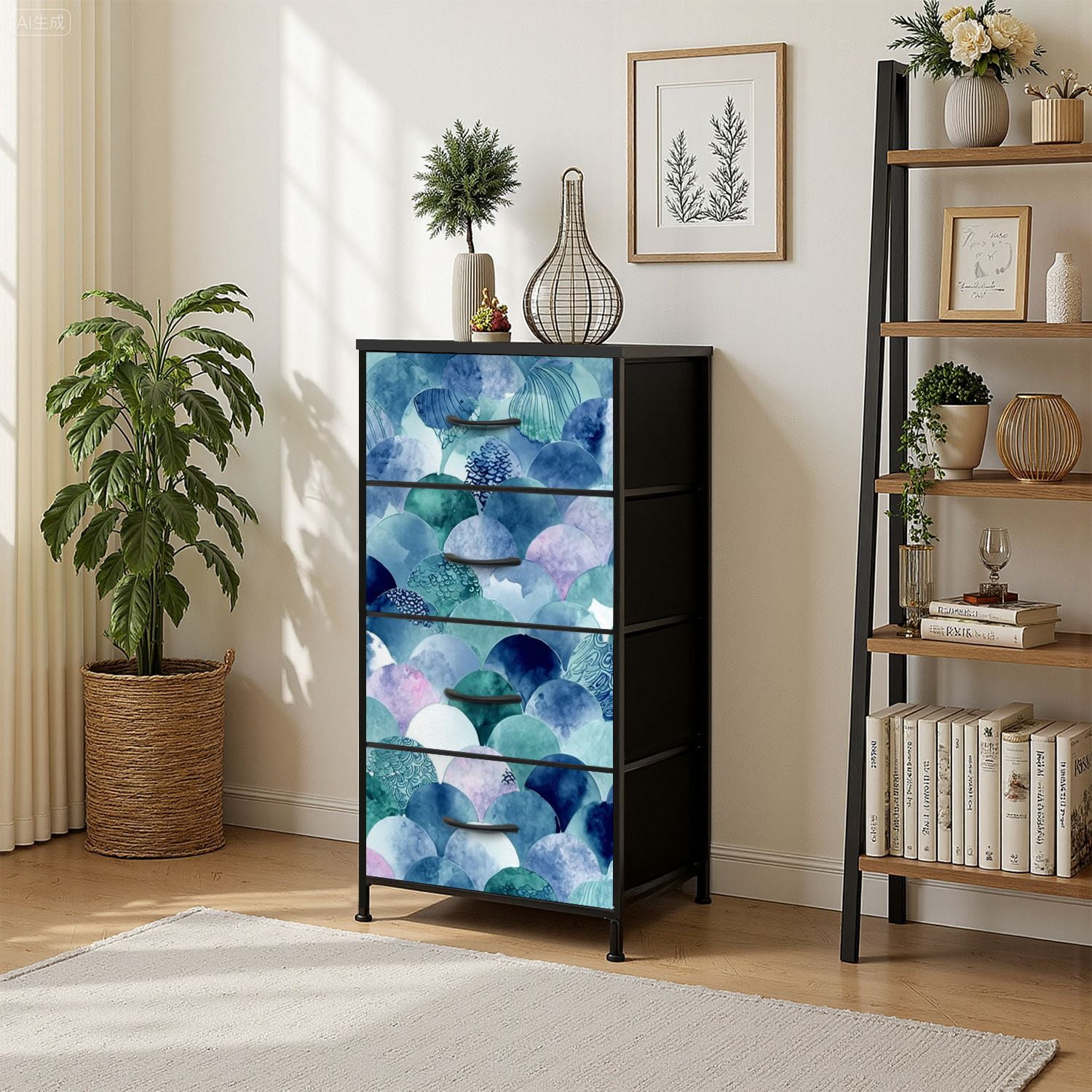 4 Drawer Vertical Storage Dresser Abstract scales Fish skin texture teal turquoise with Wood Top Fabric Pull Drawers
