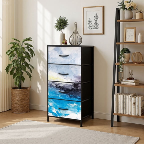 4 Drawer Vertical Storage Dresser Abstract texture Blue white black brush strokes Fragment artwork with Wood Top Fabric Pull Drawers