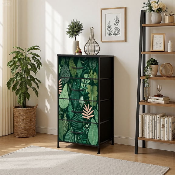 4 Drawer Vertical Storage Dresser Abstract tropical leaves Hand draw texture with Wood Top Fabric Pull Drawers