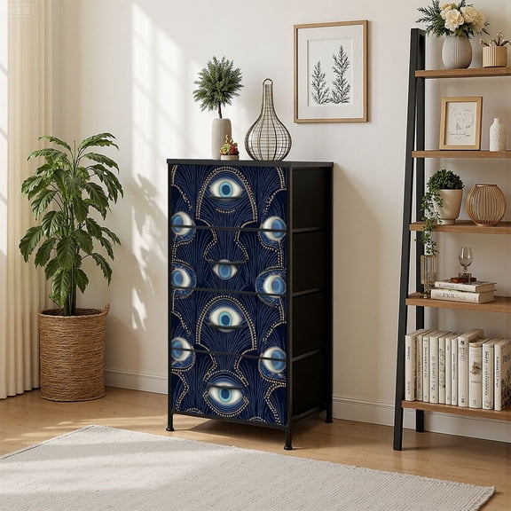 4 Drawer Vertical Storage Dresser Art art noveau elements with Wood Top Fabric Pull Drawers