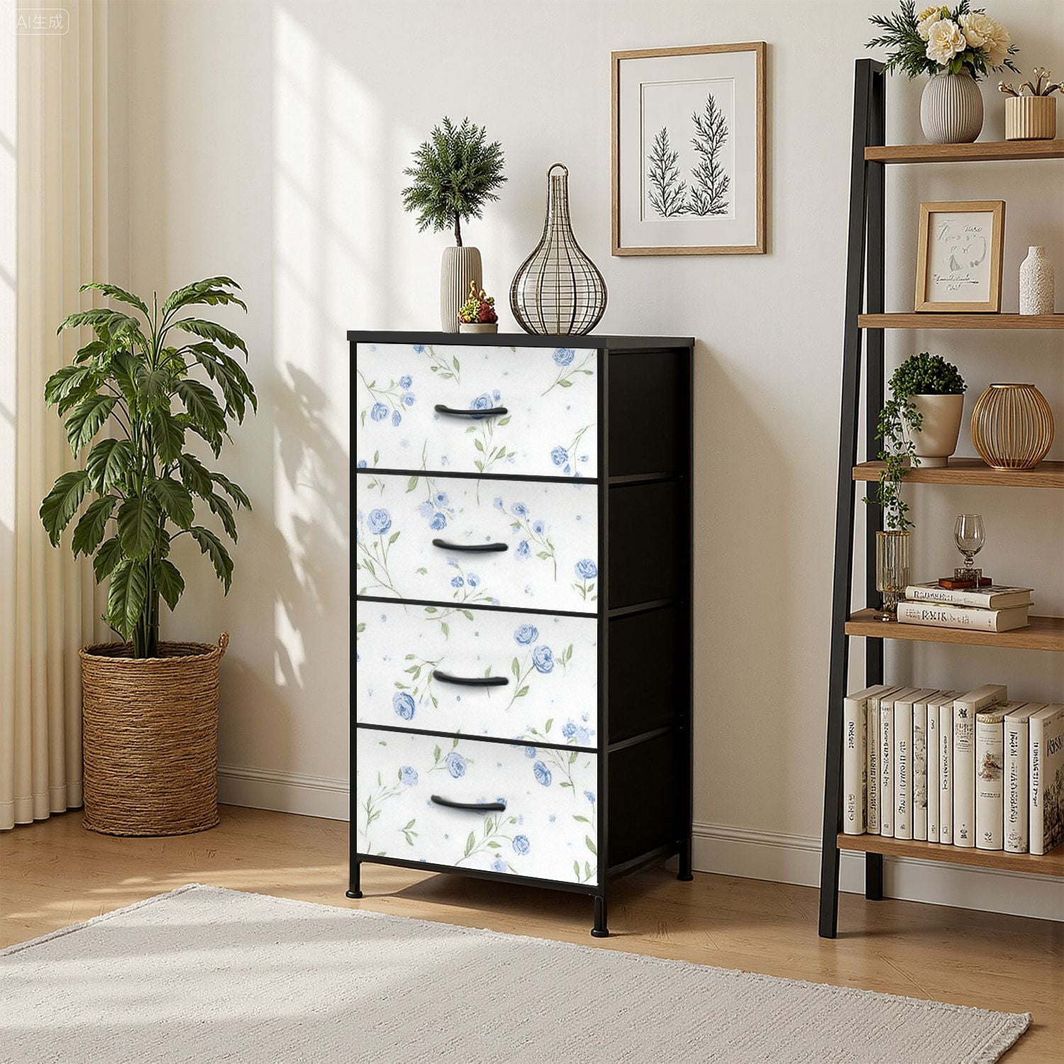 small cute dresser 4 Drawer Vertical Storage Dresser Beautiful cute small rose flowers leaves  white simple vintage style with Wood Top Fabric Pull Drawers