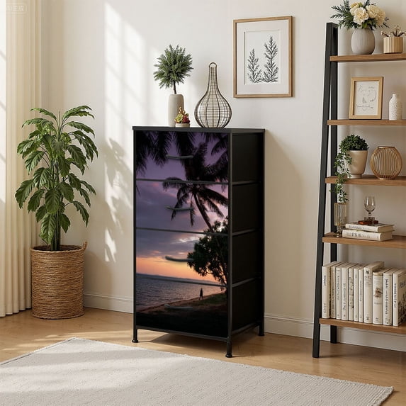 4 Drawer Vertical Storage Dresser Beautiful sunset palmtree silhouette ocean Bali pink purple colors with Wood Top Fabric Pull Drawers