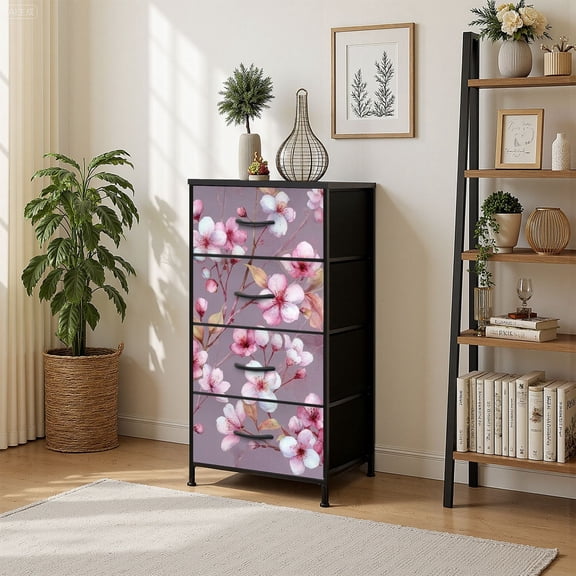 4 Drawer Vertical Storage Dresser Blossoming flowers branches floral dark watercolor with Wood Top Fabric Pull Drawers