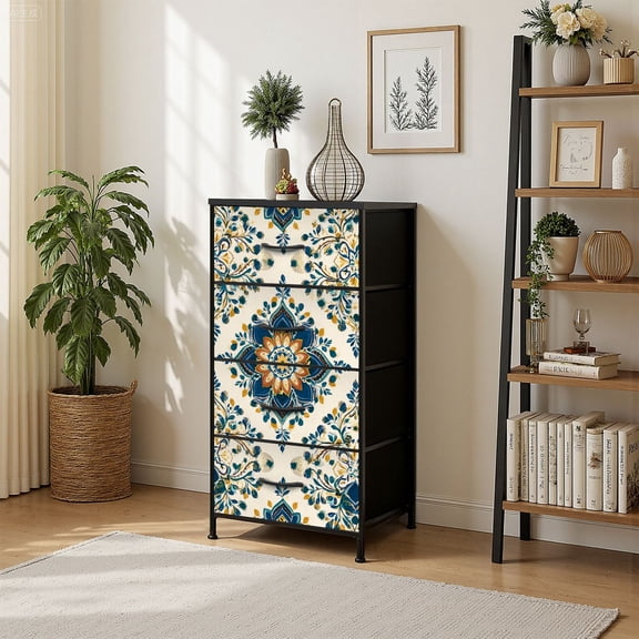 4 Drawer Vertical Storage Dresser Blue yellow luxury Ornament Traditional Ethnic with Wood Top Fabric Pull Drawers