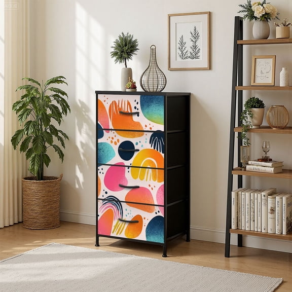 4 Drawer Vertical Storage Dresser Boho Rainbow Cute Colorful Dots Abstract Rainbows Blobs Dotted with Wood Top Fabric Pull Drawers