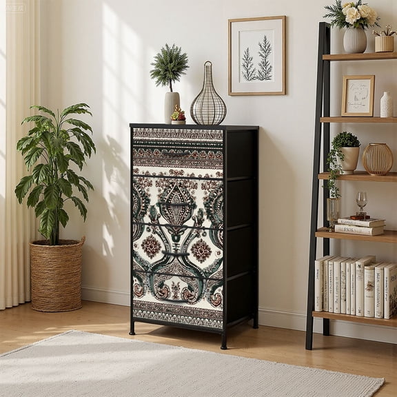 4 Drawer Vertical Storage Dresser Border Indian floral Paisley patten ornament print Ethnic with Wood Top Fabric Pull Drawers