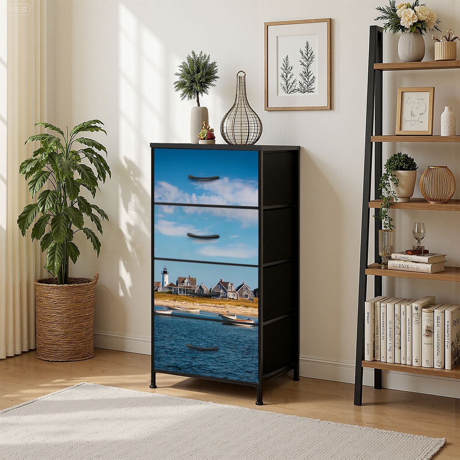 4 Drawer Vertical Storage Dresser Cape cod houses by sea with Wood Top Fabric Pull Drawers