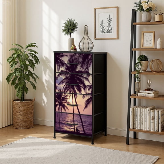 4 Drawer Vertical Storage Dresser Coconut palm trees silhouettes sunset with Wood Top Fabric Pull Drawers