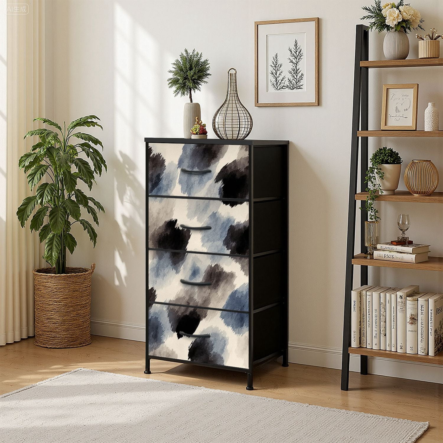 4 Drawer Vertical Storage Dresser Cute black brush strokes cream watercolor color brush with Wood Top Fabric Pull Drawers