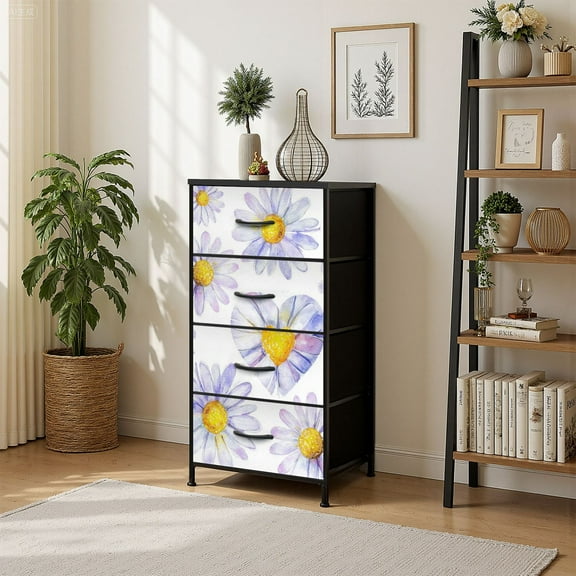 4 Drawer Vertical Storage Dresser Daisy heart center watercolor with Wood Top Fabric Pull Drawers