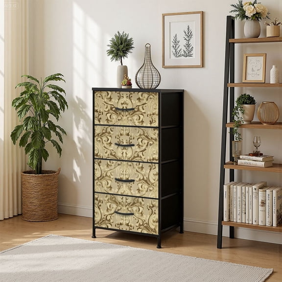 4 Drawer Vertical Storage Dresser Damask File includes with Wood Top Fabric Pull Drawers