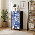 thumbnail image 1 of 4 Drawer Vertical Storage Dresser Decorative blue flowers Ethnic Oriental with Wood Top Fabric Pull Drawers, 1 of 8