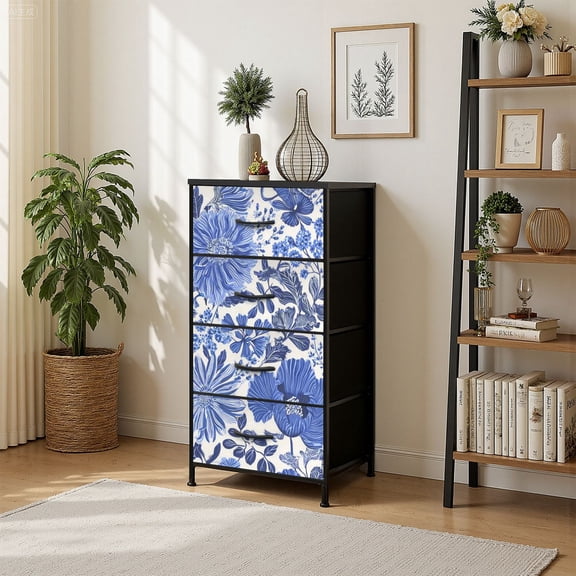 4 Drawer Vertical Storage Dresser Decorative blue flowers Ethnic Oriental with Wood Top Fabric Pull Drawers