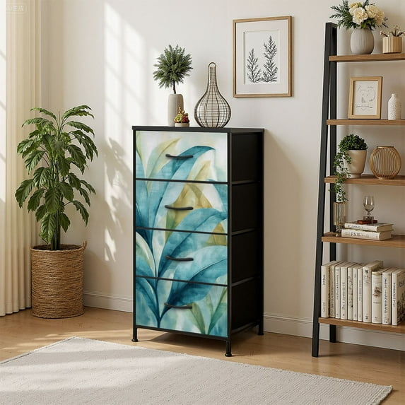 4 Drawer Vertical Storage Dresser Designer Tropical Bahamian Breeze Collection Azure Palm Leaves Banana with Wood Top Fabric Pull Drawers