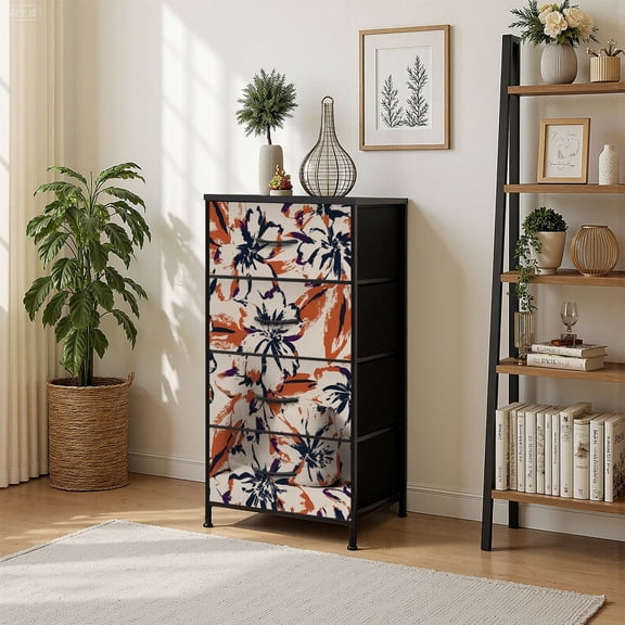 4 Drawer Vertical Storage Dresser Floral brush strokes for prints crafts with Wood Top Fabric Pull Drawers